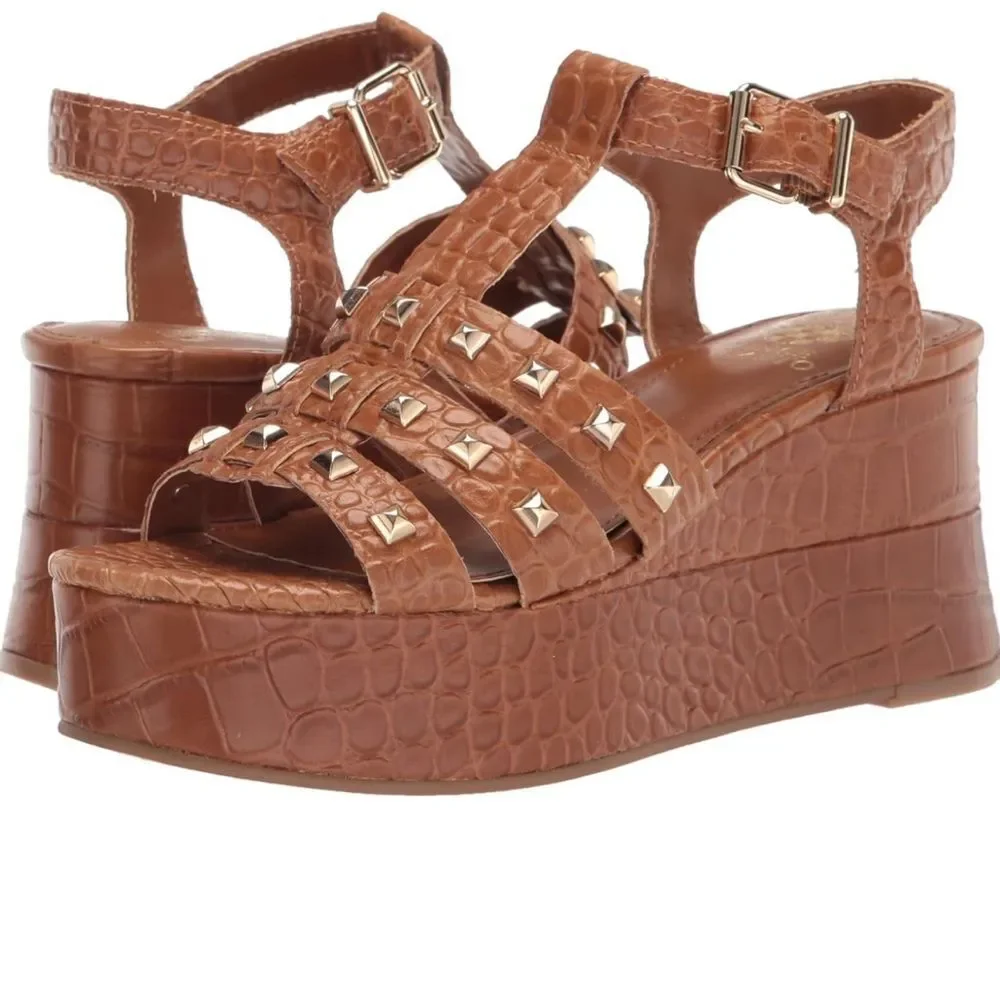 Vince Camuto Kabria Wedge Studded Sandal Women's Size 8.5‎ M, Tawny Birch NWOB